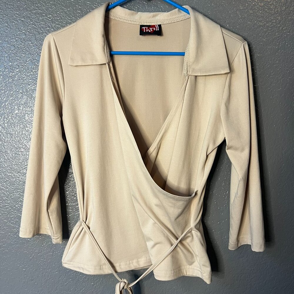 Thrill Y2K Era Tan/Beige Wrap Top - Collared 3/4 Sleeve